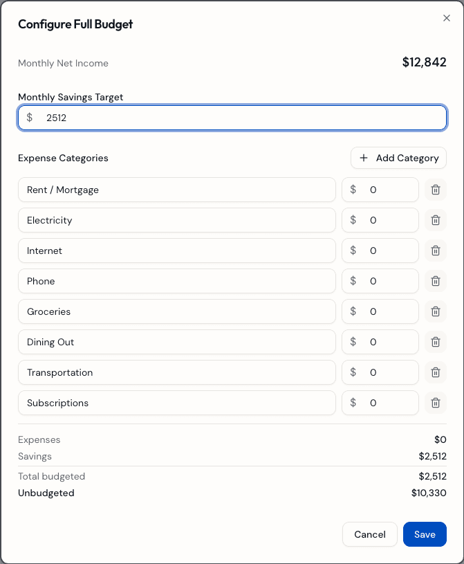 Monthly budget tracking with spending categories and progress bars