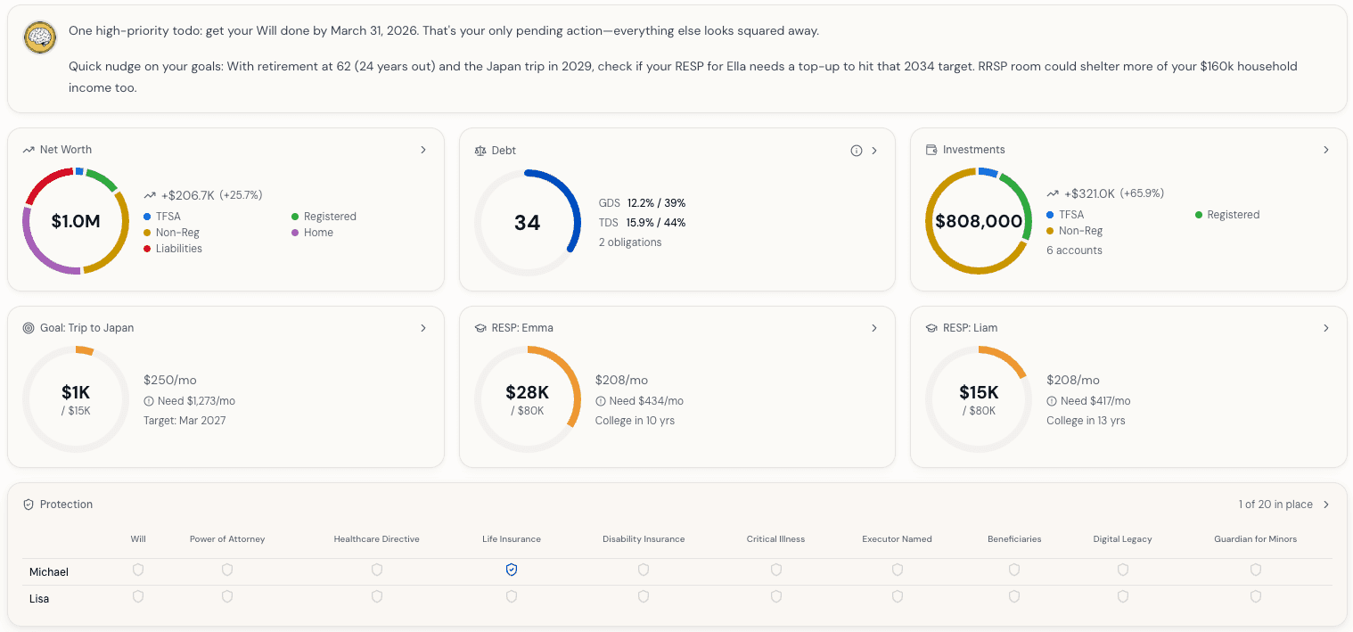 Dashboard overview showing net worth, accounts, and financial snapshot