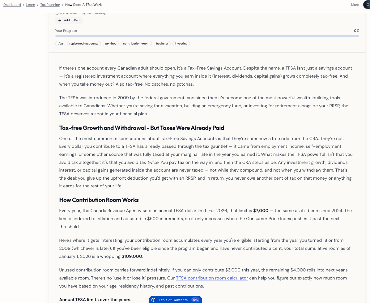 Individual lesson view with clear explanations of Canadian financial concepts
