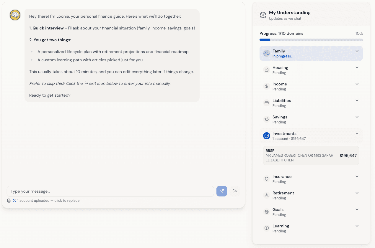 Loonie onboarding interview showing conversational data entry and document upload