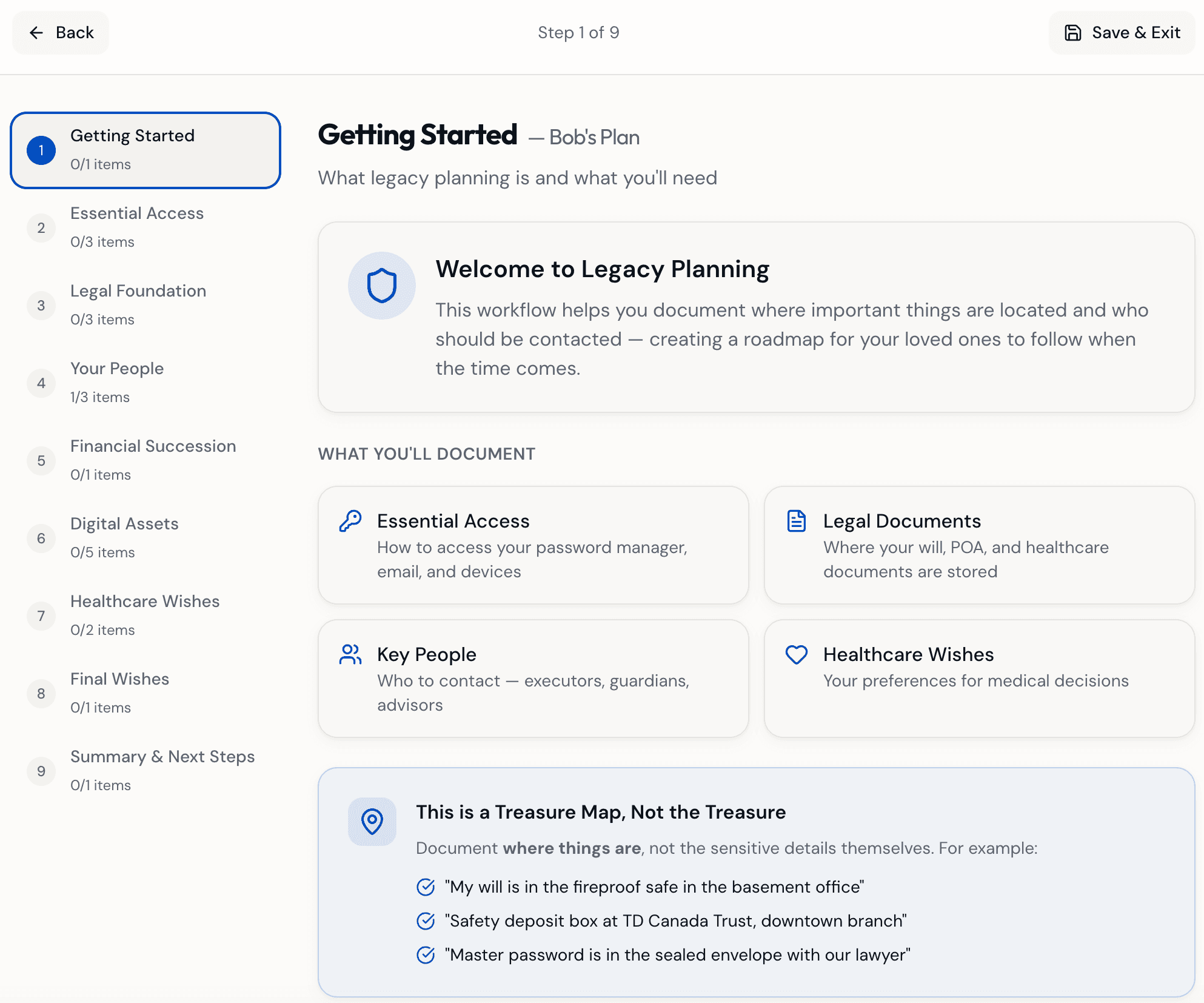 Legacy planning workflow guiding you through wills, POAs, digital assets, and healthcare wishes