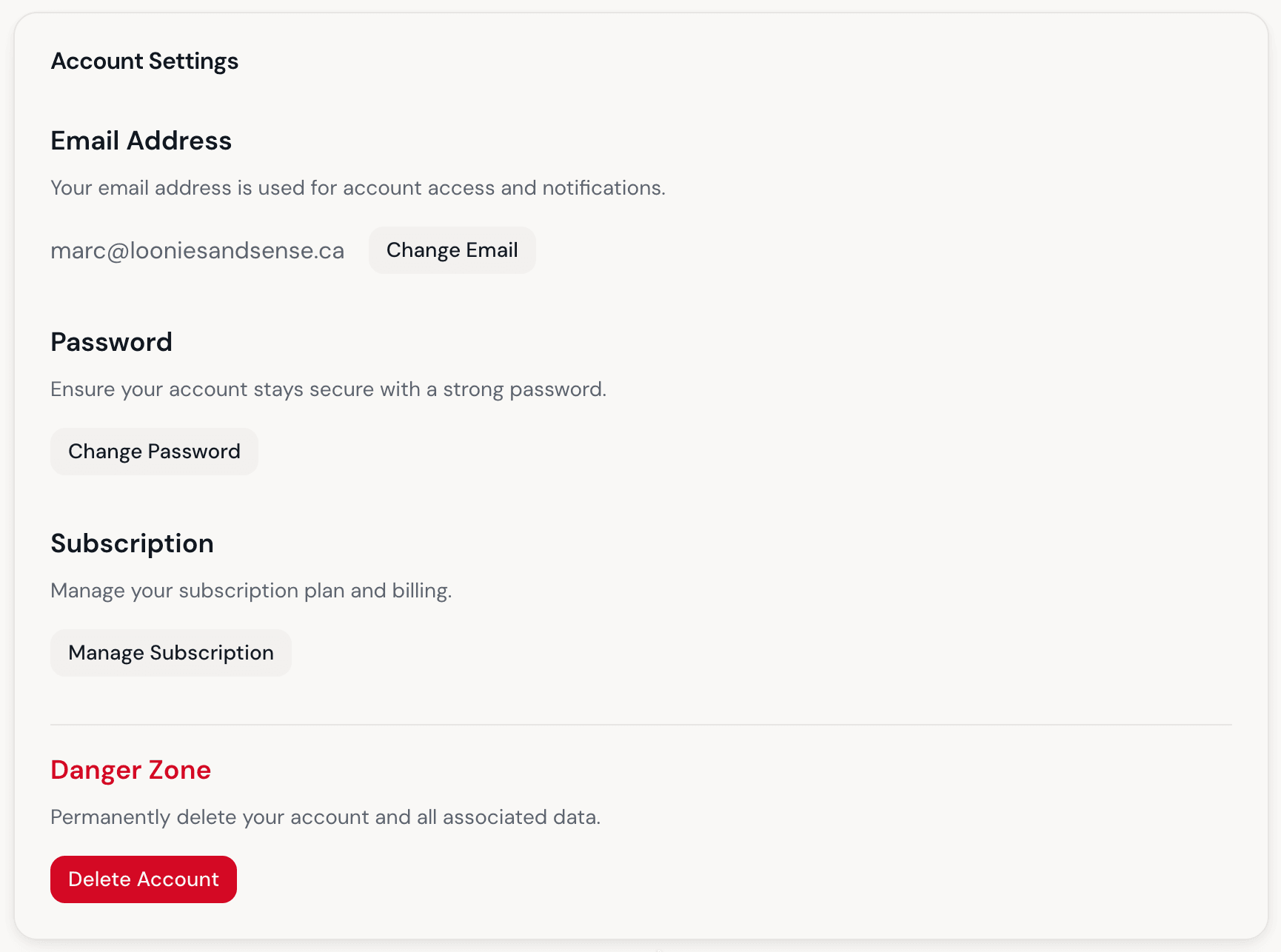 Account settings showing email, password management, and account deletion