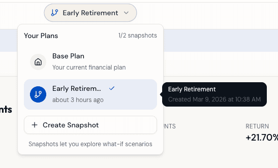 What-if snapshots comparing different retirement scenarios side by side